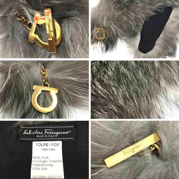 SALVATORE FERRAGAMO Gancini fox fur scarf stole silk ladies - Picture 3 of 3